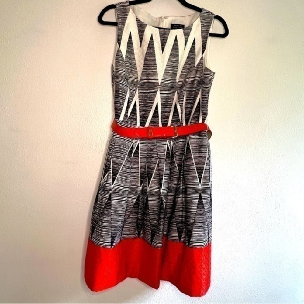 TAHARI black,white & red belted A-line dress. Fully lined.Sz 6P. Preowned. EUC.